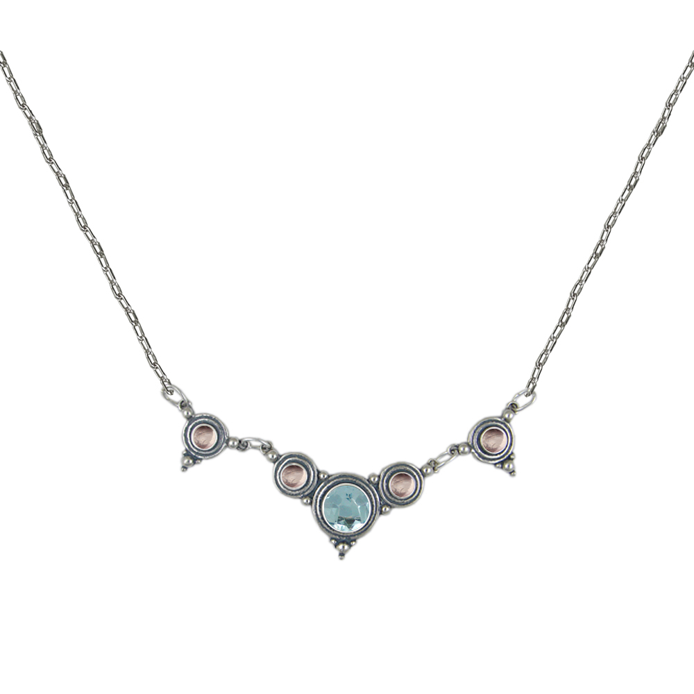 Sterling Silver Gemstone Necklace With Blue Topaz And Rose Quartz